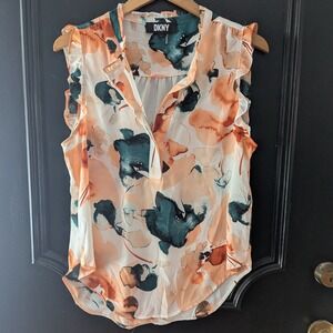 DKNY Watercolor Floral Sleeveless Ruffle Blouse Women's Sz L Teal Orange White